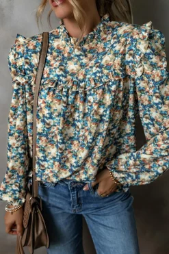 Clearance Dear-Lover Floral Print Frilled Mock Neck Puff Sleeve Blouse Sky Blue