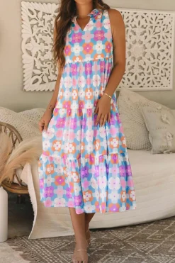 Sale Dear-Lover Floral Print Frilly Neck Sleeveless Tiered Maxi Dress Sky Blue