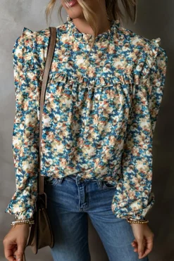 Clearance Dear-Lover Floral Print Frilled Mock Neck Puff Sleeve Blouse Sky Blue