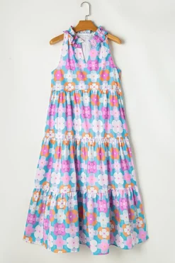 Sale Dear-Lover Floral Print Frilly Neck Sleeveless Tiered Maxi Dress Sky Blue