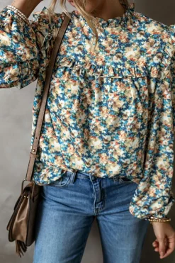 Clearance Dear-Lover Floral Print Frilled Mock Neck Puff Sleeve Blouse Sky Blue