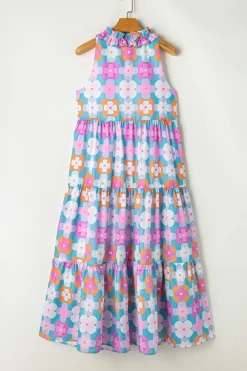 Sale Dear-Lover Floral Print Frilly Neck Sleeveless Tiered Maxi Dress Sky Blue
