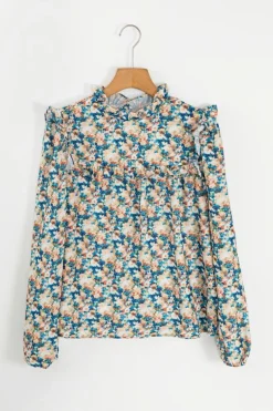 Clearance Dear-Lover Floral Print Frilled Mock Neck Puff Sleeve Blouse Sky Blue