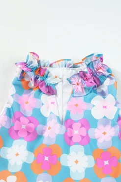 Sale Dear-Lover Floral Print Frilly Neck Sleeveless Tiered Maxi Dress Sky Blue
