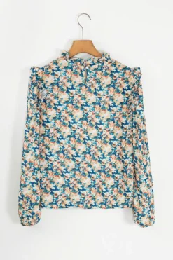 Clearance Dear-Lover Floral Print Frilled Mock Neck Puff Sleeve Blouse Sky Blue