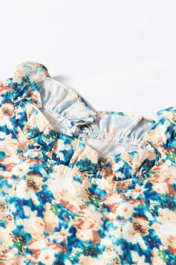 Clearance Dear-Lover Floral Print Frilled Mock Neck Puff Sleeve Blouse Sky Blue