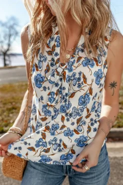 Discount Dear-Lover Floral Print Knotted V Neck Elegant Tank Top Sky Blue