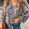 Best Dear-Lover Floral Print Lace Patchwork Knot Front V Neck Blouse Sky Blue