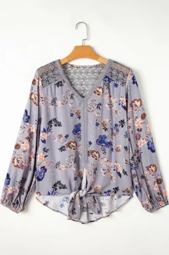 Best Dear-Lover Floral Print Lace Patchwork Knot Front V Neck Blouse Sky Blue