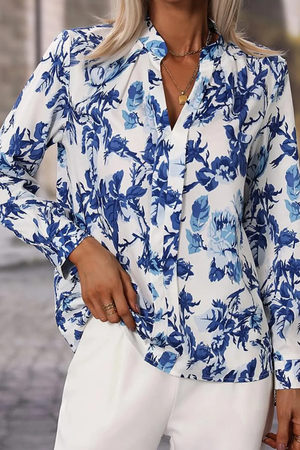 Hot Dear-Lover Floral Print Notched Neck Elegant Blouse Sky Blue