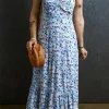 Hot Dear-Lover Floral Print Ruffled Ruched Maxi Dress Sky Blue