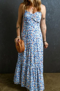 Hot Dear-Lover Floral Print Ruffled Ruched Maxi Dress Sky Blue