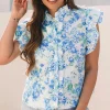 Fashion Dear-Lover Floral Print Ruffle Sleeve Frilly Button Up Shirt Sky Blue