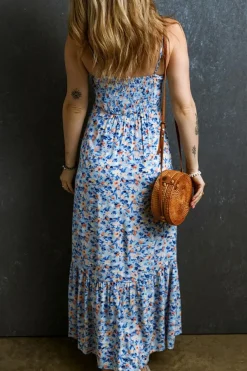 Hot Dear-Lover Floral Print Ruffled Ruched Maxi Dress Sky Blue