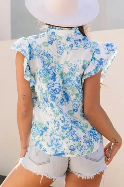 Fashion Dear-Lover Floral Print Ruffle Sleeve Frilly Button Up Shirt Sky Blue
