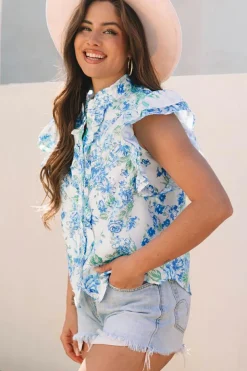 Fashion Dear-Lover Floral Print Ruffle Sleeve Frilly Button Up Shirt Sky Blue