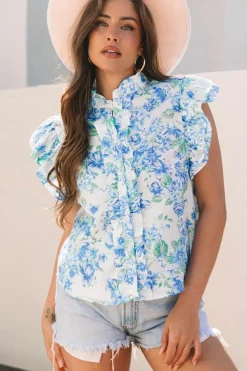 Fashion Dear-Lover Floral Print Ruffle Sleeve Frilly Button Up Shirt Sky Blue