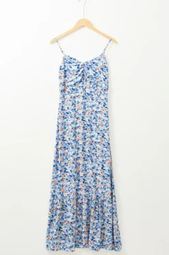 Hot Dear-Lover Floral Print Ruffled Ruched Maxi Dress Sky Blue