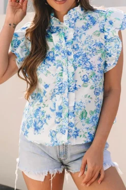 Fashion Dear-Lover Floral Print Ruffle Sleeve Frilly Button Up Shirt Sky Blue