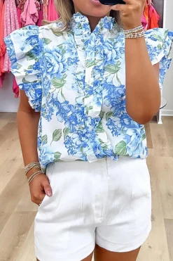 Fashion Dear-Lover Floral Print Ruffle Sleeve Frilly Button Up Shirt Sky Blue