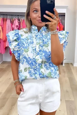 Fashion Dear-Lover Floral Print Ruffle Sleeve Frilly Button Up Shirt Sky Blue