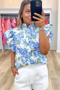 Fashion Dear-Lover Floral Print Ruffle Sleeve Frilly Button Up Shirt Sky Blue