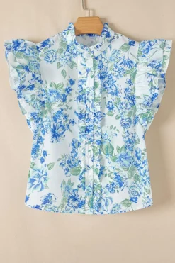 Fashion Dear-Lover Floral Print Ruffle Sleeve Frilly Button Up Shirt Sky Blue