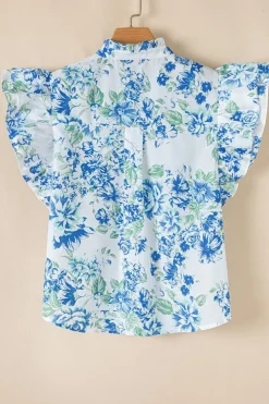 Fashion Dear-Lover Floral Print Ruffle Sleeve Frilly Button Up Shirt Sky Blue