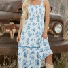 Online Dear-Lover Floral Print Shirred Knot Shoulder Sleeveless Long Dress Sky Blue