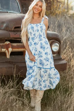 Online Dear-Lover Floral Print Shirred Knot Shoulder Sleeveless Long Dress Sky Blue
