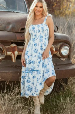 Online Dear-Lover Floral Print Shirred Knot Shoulder Sleeveless Long Dress Sky Blue