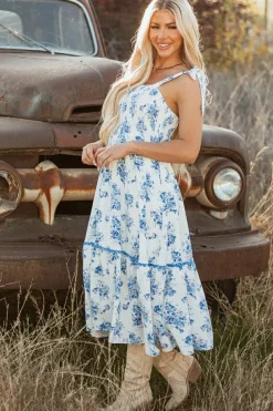 Online Dear-Lover Floral Print Shirred Knot Shoulder Sleeveless Long Dress Sky Blue