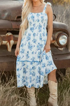 Online Dear-Lover Floral Print Shirred Knot Shoulder Sleeveless Long Dress Sky Blue