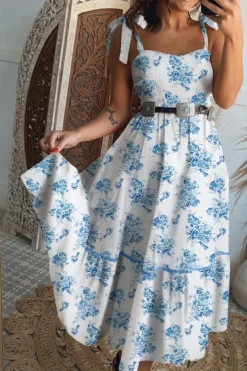 Online Dear-Lover Floral Print Shirred Knot Shoulder Sleeveless Long Dress Sky Blue