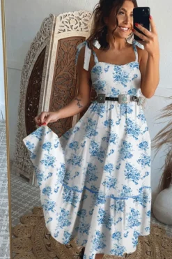 Online Dear-Lover Floral Print Shirred Knot Shoulder Sleeveless Long Dress Sky Blue