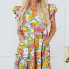 Online Dear-Lover Floral Print Smocked Notch V Neck Flutter Sleeve Mini Dress Sky Blue