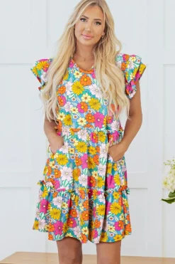 Online Dear-Lover Floral Print Smocked Notch V Neck Flutter Sleeve Mini Dress Sky Blue