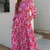 Hot Dear-Lover Floral Print Smocked Lantern Sleeve Tiered Maxi Dress Sky Blue