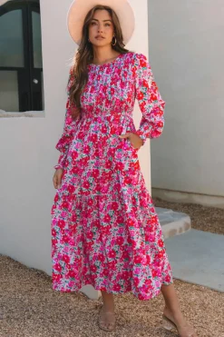 Hot Dear-Lover Floral Print Smocked Lantern Sleeve Tiered Maxi Dress Sky Blue