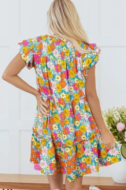 Online Dear-Lover Floral Print Smocked Notch V Neck Flutter Sleeve Mini Dress Sky Blue