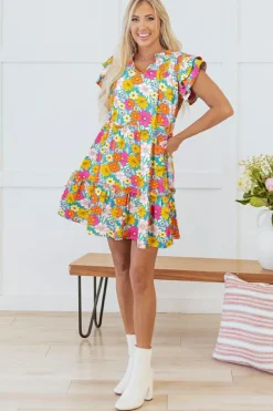 Online Dear-Lover Floral Print Smocked Notch V Neck Flutter Sleeve Mini Dress Sky Blue