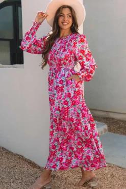 Hot Dear-Lover Floral Print Smocked Lantern Sleeve Tiered Maxi Dress Sky Blue
