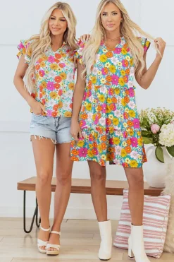 Online Dear-Lover Floral Print Smocked Notch V Neck Flutter Sleeve Mini Dress Sky Blue