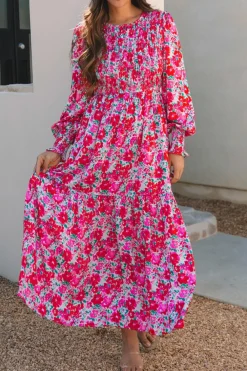 Hot Dear-Lover Floral Print Smocked Lantern Sleeve Tiered Maxi Dress Sky Blue