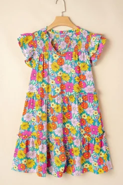 Online Dear-Lover Floral Print Smocked Notch V Neck Flutter Sleeve Mini Dress Sky Blue