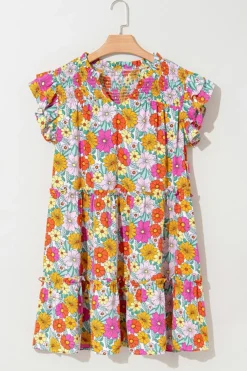 Online Dear-Lover Floral Print Smocked Notch V Neck Flutter Sleeve Mini Dress Sky Blue