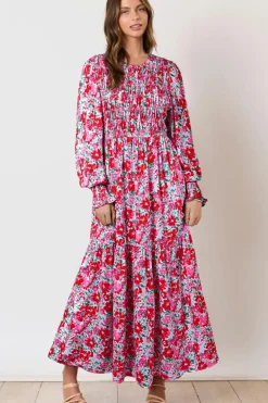 Hot Dear-Lover Floral Print Smocked Lantern Sleeve Tiered Maxi Dress Sky Blue