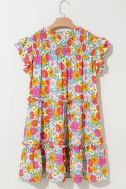 Online Dear-Lover Floral Print Smocked Notch V Neck Flutter Sleeve Mini Dress Sky Blue