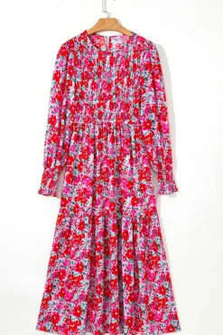 Hot Dear-Lover Floral Print Smocked Lantern Sleeve Tiered Maxi Dress Sky Blue