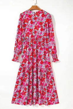 Hot Dear-Lover Floral Print Smocked Lantern Sleeve Tiered Maxi Dress Sky Blue